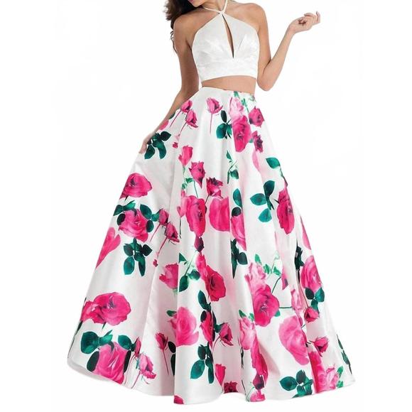 NEW RACHEL ALLAN two-piece halter ballgown in white/fuchsia